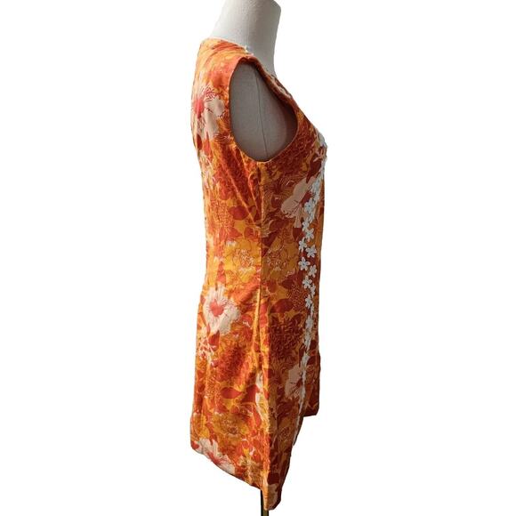 Vintage Key West Hand Print Fabrics Dress Orange Hibiscus Appliqued Lined Medium - Picture 3 of 10